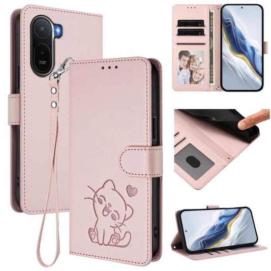 Embossed Heart Cat Leather Phone Case with Hand Strap, For Redmi A7 Pro 4G / 5G 171mm / Poco C85x 5G, For Redmi 15a 5G, For Redmi Turbo 5 Max 5G / Poco X8 Pro Max 5G, For Redmi Turbo 5 5G / Poco X8 Pro 5G, For Redmi Note 15 Pro+ 5G 163.3mm/Poco M8 Pro ...