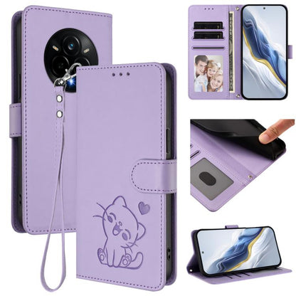 Embossed Heart Cat Leather Phone Case with Hand Strap, For Realme 14 / P3 / 14T 5G Global, For Realme P3 Ultra 5G Global, For Realme P3 Pro 5G Global, For Realme C75 4G Global / 14x 5G India, For Realme 14 Pro+ 5G, For Realme 14 Pro 5G India           ...