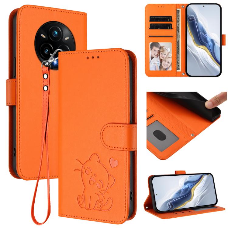 Embossed Heart Cat Leather Phone Case with Hand Strap, For Realme 14 / P3 / 14T 5G Global, For Realme P3 Ultra 5G Global, For Realme P3 Pro 5G Global, For Realme C75 4G Global / 14x 5G India, For Realme 14 Pro+ 5G, For Realme 14 Pro 5G India           ...