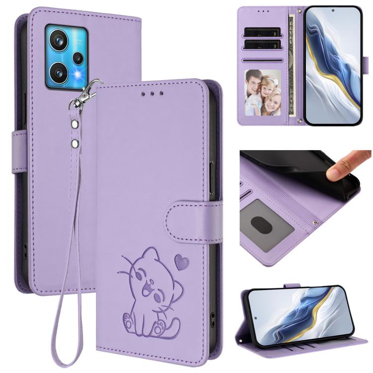Embossed Heart Cat Leather Phone Case with Hand Strap, For Realme 10 Pro+ 5G, For Realme 10 4G Global, For Realme C30 4G / C30s / Narzo 50i, For Realme GT Neo 3T, For Realme 9 Pro+ 5G / Narzo 50 Pro 5G, For Realme GT Neo 3                              ...