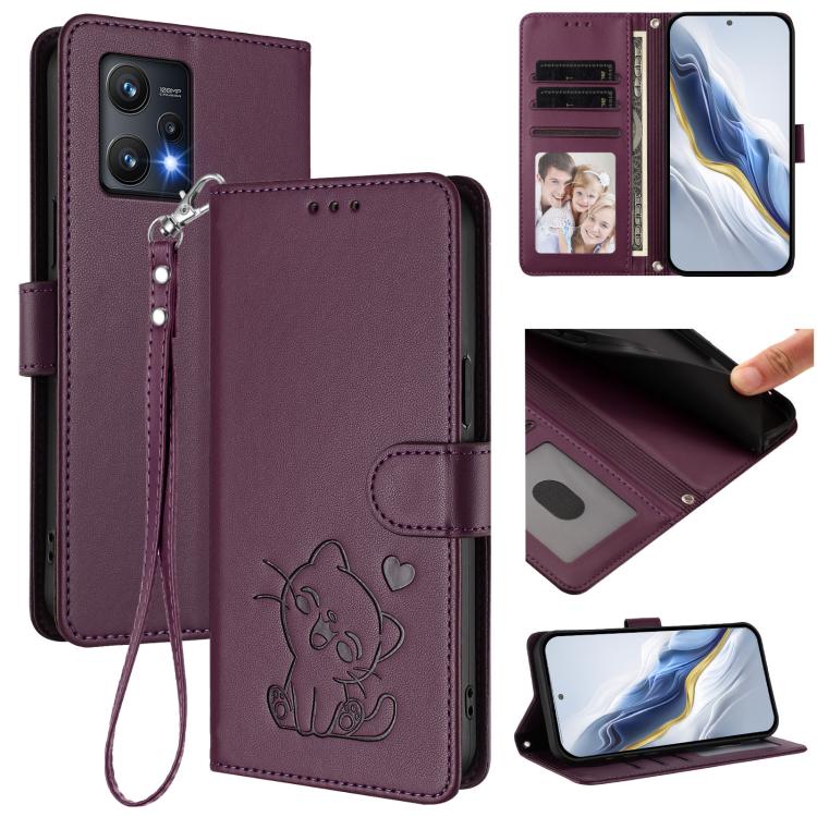 Embossed Heart Cat Leather Phone Case with Hand Strap, For Realme 10 Pro+ 5G, For Realme 10 4G Global, For Realme C30 4G / C30s / Narzo 50i, For Realme GT Neo 3T, For Realme 9 Pro+ 5G / Narzo 50 Pro 5G, For Realme GT Neo 3                              ...