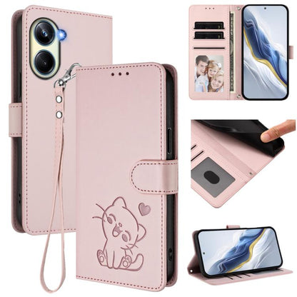 Embossed Heart Cat Leather Phone Case with Hand Strap, For Realme 11 4G Global, For Realme GT5 240W / GT5 5G, For Realme Narzo 60 Pro, For Realme C65 4G Global, For Realme C55 4G Global / Narzo N55, For Realme C33 2023 / 2022, For Realme 10T 5G / 10S 5...