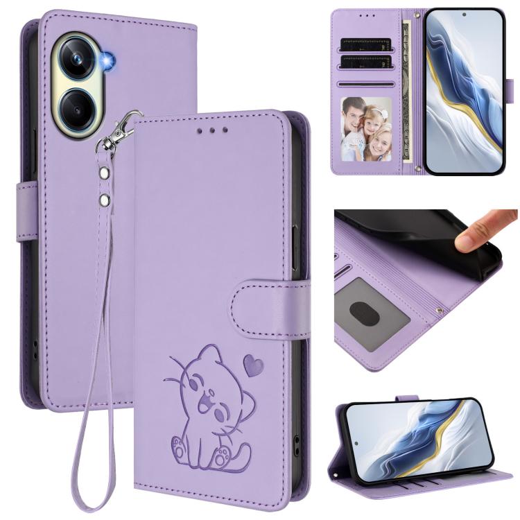 Embossed Heart Cat Leather Phone Case with Hand Strap, For Realme 11 4G Global, For Realme GT5 240W / GT5 5G, For Realme Narzo 60 Pro, For Realme C65 4G Global, For Realme C55 4G Global / Narzo N55, For Realme C33 2023 / 2022, For Realme 10T 5G / 10S 5...