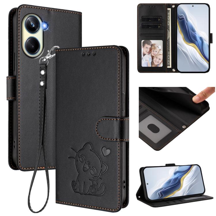 Embossed Heart Cat Leather Phone Case with Hand Strap, For Realme 11 4G Global, For Realme GT5 240W / GT5 5G, For Realme Narzo 60 Pro, For Realme C65 4G Global, For Realme C55 4G Global / Narzo N55, For Realme C33 2023 / 2022, For Realme 10T 5G / 10S 5...