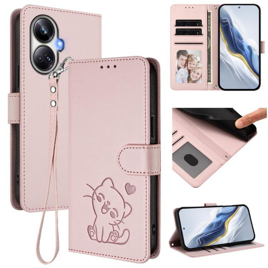 Embossed Heart Cat Leather Phone Case with Hand Strap, For Realme 10 Pro+ 5G, For Realme 10 4G Global, For Realme C30 4G / C30s / Narzo 50i, For Realme GT Neo 3T, For Realme 9 Pro+ 5G / Narzo 50 Pro 5G, For Realme GT Neo 3