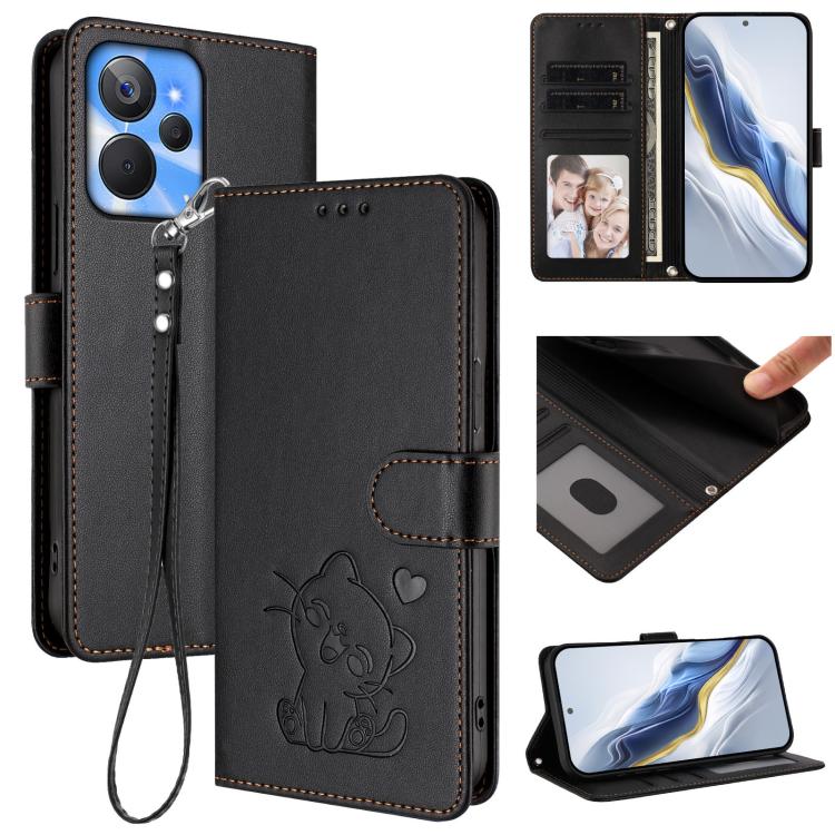 Embossed Heart Cat Leather Phone Case with Hand Strap, For Realme 11 4G Global, For Realme GT5 240W / GT5 5G, For Realme Narzo 60 Pro, For Realme C65 4G Global, For Realme C55 4G Global / Narzo N55, For Realme C33 2023 / 2022, For Realme 10T 5G / 10S 5...