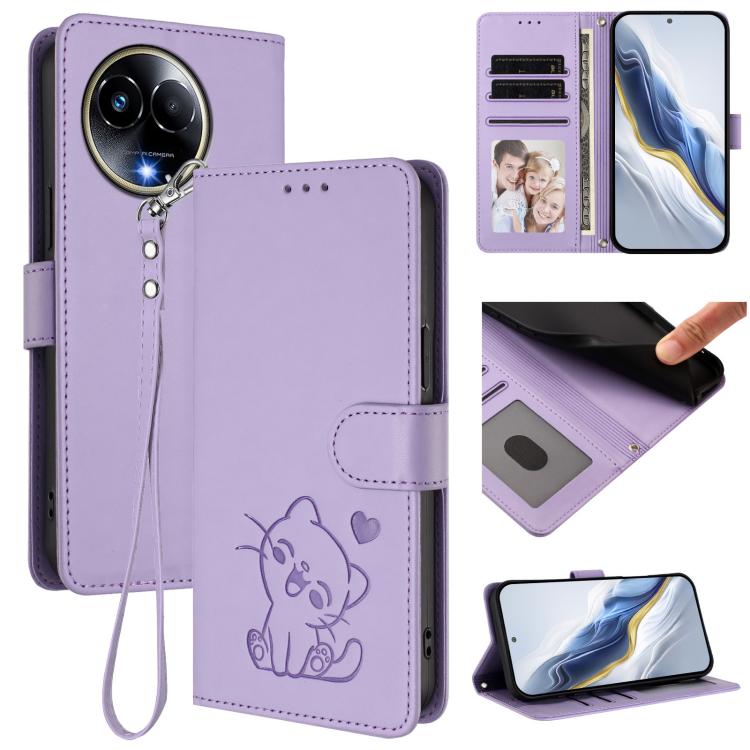Embossed Heart Cat Leather Phone Case with Hand Strap, For Realme C63 / C61 / Note 60 4G Global, For Realme 13+ 5G Global, For Realme 13 / 12 4G / P1 5G Global, For Realme 13 Pro / 13 Pro+ 5G Global, For Realme GT 6 5G / GT 6T 5G Global                ...