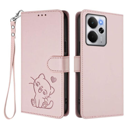 Embossed Heart Cat Leather Phone Case with Hand Strap, For Realme 14 / P3 / 14T 5G Global, For Realme P3 Ultra 5G Global, For Realme P3 Pro 5G Global, For Realme C75 4G Global / 14x 5G India, For Realme 14 Pro+ 5G, For Realme 14 Pro 5G India           ...
