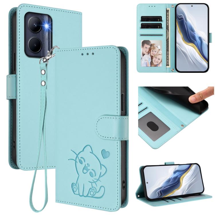 Embossed Heart Cat Leather Phone Case with Hand Strap, For Realme 11 4G Global, For Realme GT5 240W / GT5 5G, For Realme Narzo 60 Pro, For Realme C65 4G Global, For Realme C55 4G Global / Narzo N55, For Realme C33 2023 / 2022, For Realme 10T 5G / 10S 5...