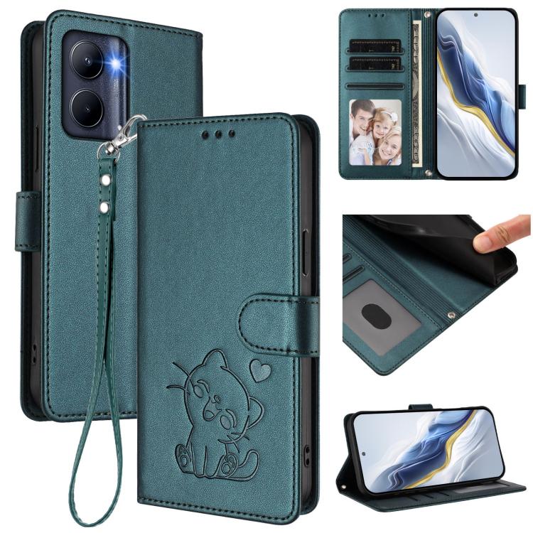 Embossed Heart Cat Leather Phone Case with Hand Strap, For Realme 11 4G Global, For Realme GT5 240W / GT5 5G, For Realme Narzo 60 Pro, For Realme C65 4G Global, For Realme C55 4G Global / Narzo N55, For Realme C33 2023 / 2022, For Realme 10T 5G / 10S 5...