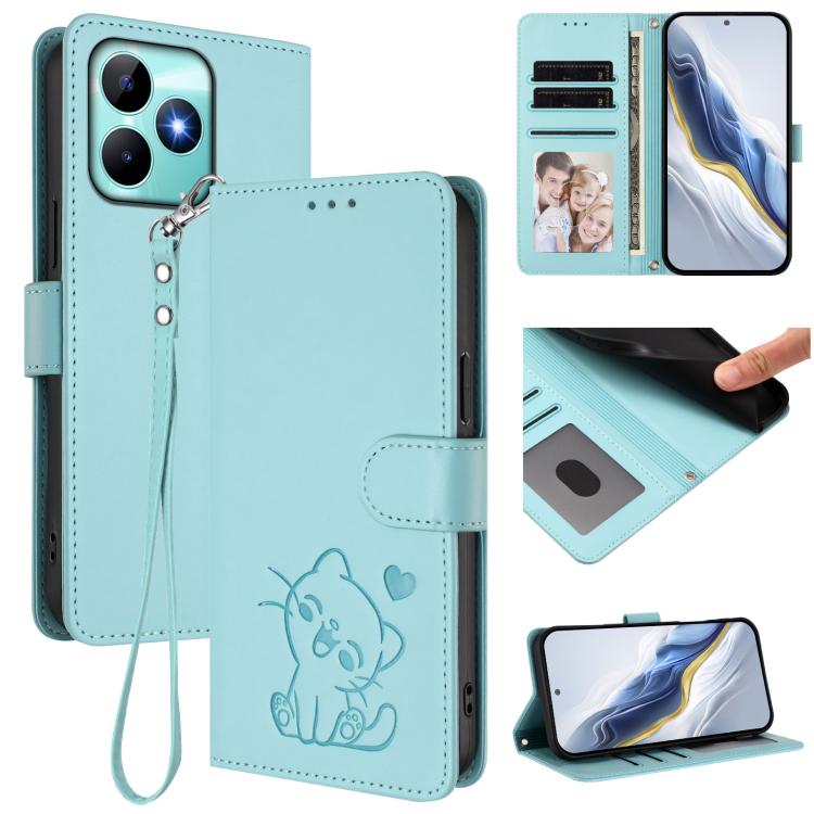 Embossed Heart Cat Leather Phone Case with Hand Strap, For Realme C63 / C61 / Note 60 4G Global, For Realme 13+ 5G Global, For Realme 13 / 12 4G / P1 5G Global, For Realme 13 Pro / 13 Pro+ 5G Global, For Realme GT 6 5G / GT 6T 5G Global                ...