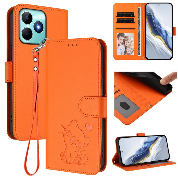 Embossed Heart Cat Leather Phone Case with Hand Strap, For Realme C63 / C61 / Note 60 4G Global, For Realme 13+ 5G Global, For Realme 13 / 12 4G / P1 5G Global, For Realme 13 Pro / 13 Pro+ 5G Global, For Realme GT 6 5G / GT 6T 5G Global                ...