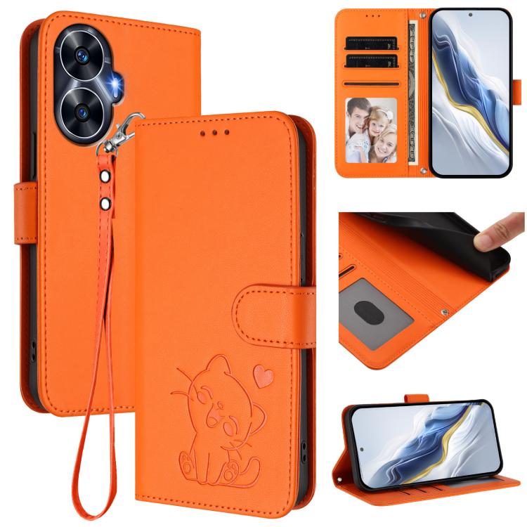Embossed Heart Cat Leather Phone Case with Hand Strap, For Realme 11 4G Global, For Realme GT5 240W / GT5 5G, For Realme Narzo 60 Pro, For Realme C65 4G Global, For Realme C55 4G Global / Narzo N55, For Realme C33 2023 / 2022, For Realme 10T 5G / 10S 5...