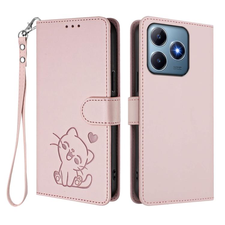 Embossed Heart Cat Leather Phone Case with Hand Strap, For Realme C63 / C61 / Note 60 4G Global, For Realme 13+ 5G Global, For Realme 13 / 12 4G / P1 5G Global, For Realme 13 Pro / 13 Pro+ 5G Global, For Realme GT 6 5G / GT 6T 5G Global                ...