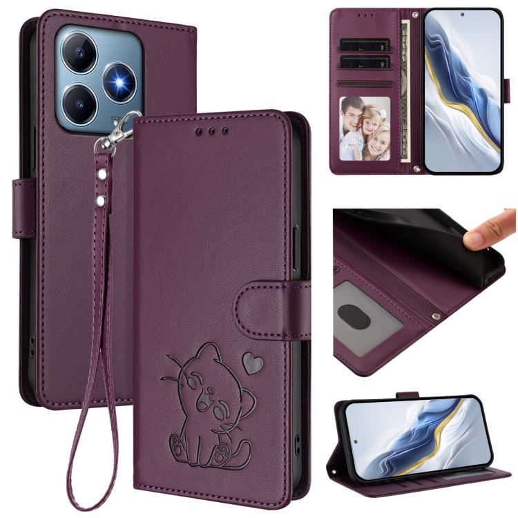 Embossed Heart Cat Leather Phone Case with Hand Strap, For Realme C63 / C61 / Note 60 4G Global, For Realme 13+ 5G Global, For Realme 13 / 12 4G / P1 5G Global, For Realme 13 Pro / 13 Pro+ 5G Global, For Realme GT 6 5G / GT 6T 5G Global                ...