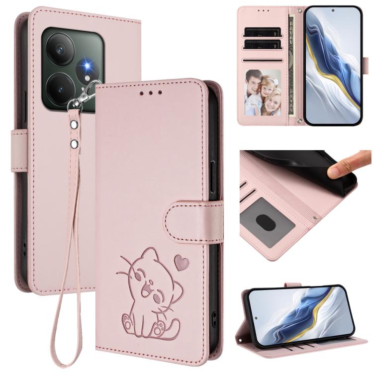 Embossed Heart Cat Leather Phone Case with Hand Strap, For Realme C63 / C61 / Note 60 4G Global, For Realme 13+ 5G Global, For Realme 13 / 12 4G / P1 5G Global, For Realme 13 Pro / 13 Pro+ 5G Global, For Realme GT 6 5G / GT 6T 5G Global                ...