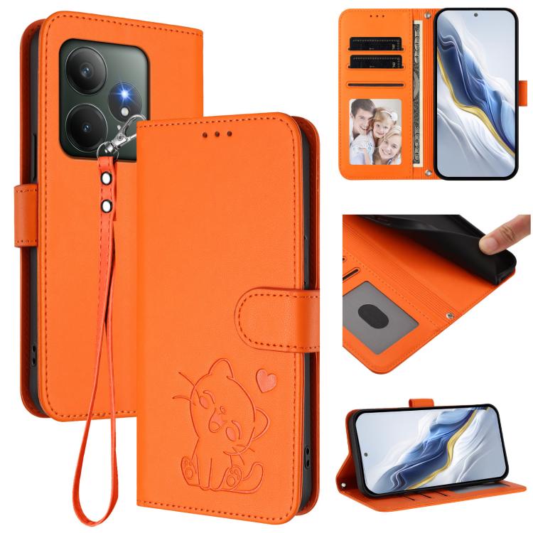 Embossed Heart Cat Leather Phone Case with Hand Strap, For Realme C63 / C61 / Note 60 4G Global, For Realme 13+ 5G Global, For Realme 13 / 12 4G / P1 5G Global, For Realme 13 Pro / 13 Pro+ 5G Global, For Realme GT 6 5G / GT 6T 5G Global                ...