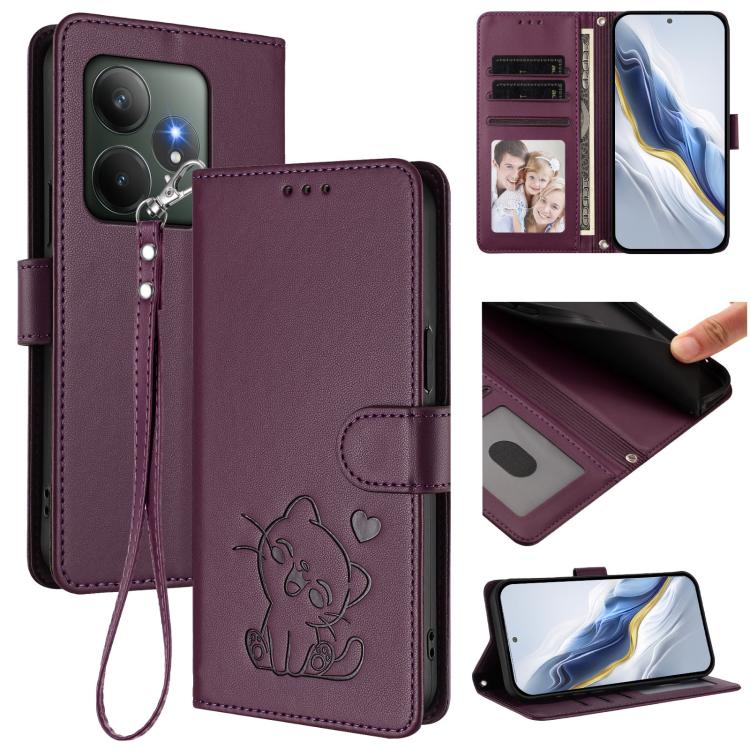Embossed Heart Cat Leather Phone Case with Hand Strap, For Realme C63 / C61 / Note 60 4G Global, For Realme 13+ 5G Global, For Realme 13 / 12 4G / P1 5G Global, For Realme 13 Pro / 13 Pro+ 5G Global, For Realme GT 6 5G / GT 6T 5G Global                ...
