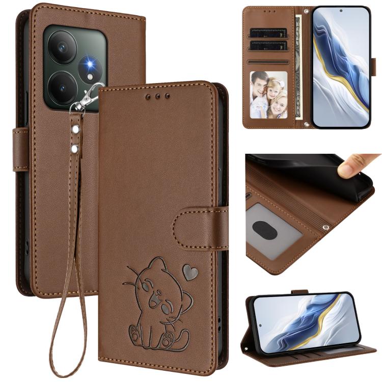 Embossed Heart Cat Leather Phone Case with Hand Strap, For Realme C63 / C61 / Note 60 4G Global, For Realme 13+ 5G Global, For Realme 13 / 12 4G / P1 5G Global, For Realme 13 Pro / 13 Pro+ 5G Global, For Realme GT 6 5G / GT 6T 5G Global                ...