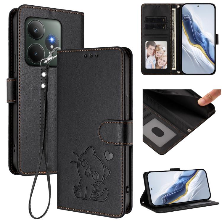Embossed Heart Cat Leather Phone Case with Hand Strap, For Realme C63 / C61 / Note 60 4G Global, For Realme 13+ 5G Global, For Realme 13 / 12 4G / P1 5G Global, For Realme 13 Pro / 13 Pro+ 5G Global, For Realme GT 6 5G / GT 6T 5G Global                ...