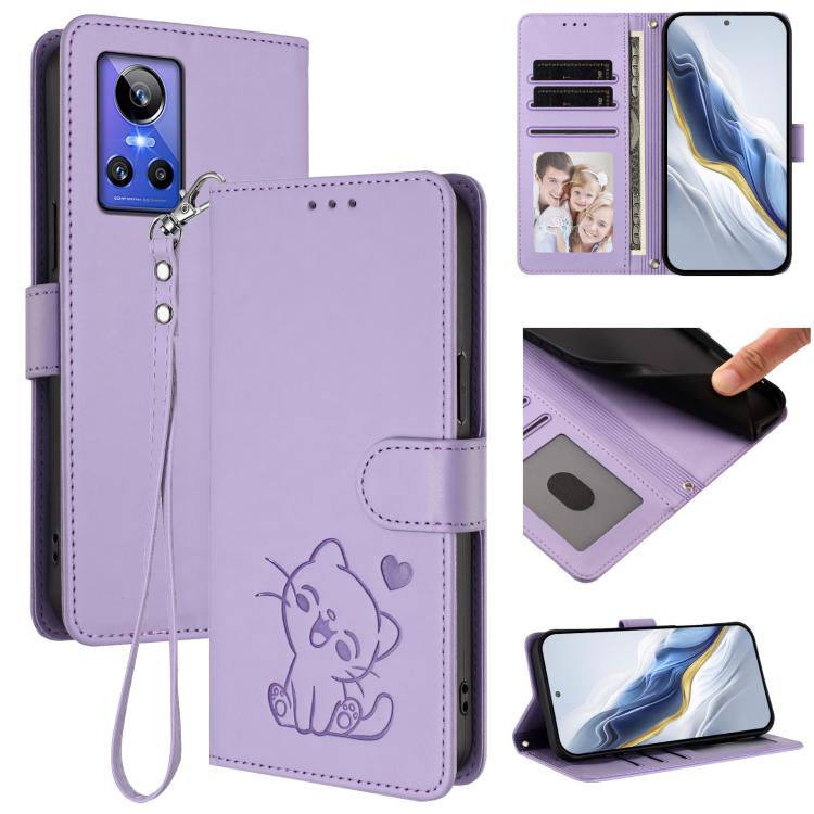 Embossed Heart Cat Leather Phone Case with Hand Strap, For Realme 10 Pro+ 5G, For Realme 10 4G Global, For Realme C30 4G / C30s / Narzo 50i, For Realme GT Neo 3T, For Realme 9 Pro+ 5G / Narzo 50 Pro 5G, For Realme GT Neo 3                              ...