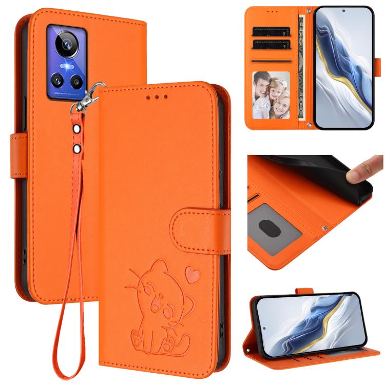 Embossed Heart Cat Leather Phone Case with Hand Strap, For Realme 10 Pro+ 5G, For Realme 10 4G Global, For Realme C30 4G / C30s / Narzo 50i, For Realme GT Neo 3T, For Realme 9 Pro+ 5G / Narzo 50 Pro 5G, For Realme GT Neo 3                              ...