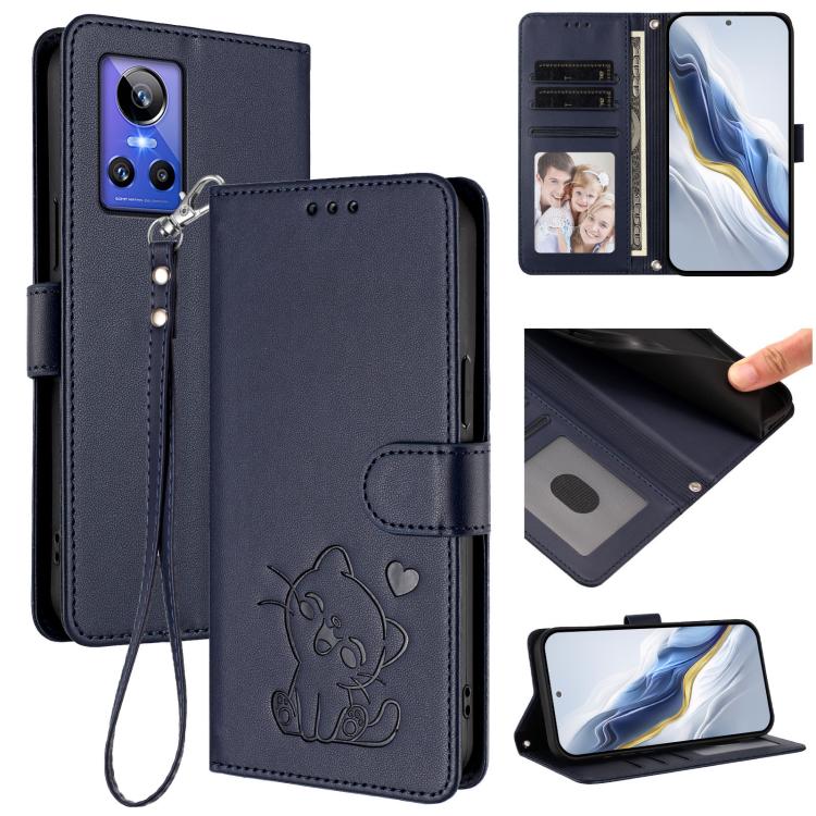 Embossed Heart Cat Leather Phone Case with Hand Strap, For Realme 10 Pro+ 5G, For Realme 10 4G Global, For Realme C30 4G / C30s / Narzo 50i, For Realme GT Neo 3T, For Realme 9 Pro+ 5G / Narzo 50 Pro 5G, For Realme GT Neo 3                              ...