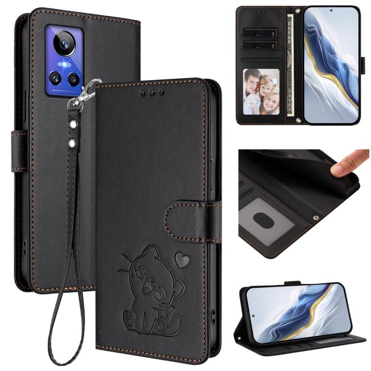 Embossed Heart Cat Leather Phone Case with Hand Strap, For Realme 10 Pro+ 5G, For Realme 10 4G Global, For Realme C30 4G / C30s / Narzo 50i, For Realme GT Neo 3T, For Realme 9 Pro+ 5G / Narzo 50 Pro 5G, For Realme GT Neo 3                              ...