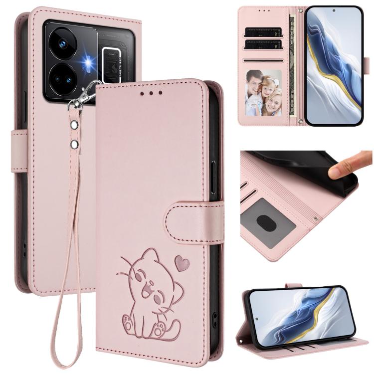 Embossed Heart Cat Leather Phone Case with Hand Strap, For Realme 11 4G Global, For Realme GT5 240W / GT5 5G, For Realme Narzo 60 Pro, For Realme C65 4G Global, For Realme C55 4G Global / Narzo N55, For Realme C33 2023 / 2022, For Realme 10T 5G / 10S 5...