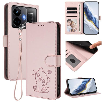 Embossed Heart Cat Leather Phone Case with Hand Strap, For Realme 11 4G Global, For Realme GT5 240W / GT5 5G, For Realme Narzo 60 Pro, For Realme C65 4G Global, For Realme C55 4G Global / Narzo N55, For Realme C33 2023 / 2022, For Realme 10T 5G / 10S 5...
