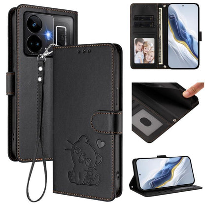Embossed Heart Cat Leather Phone Case with Hand Strap, For Realme 11 4G Global, For Realme GT5 240W / GT5 5G, For Realme Narzo 60 Pro, For Realme C65 4G Global, For Realme C55 4G Global / Narzo N55, For Realme C33 2023 / 2022, For Realme 10T 5G / 10S 5...