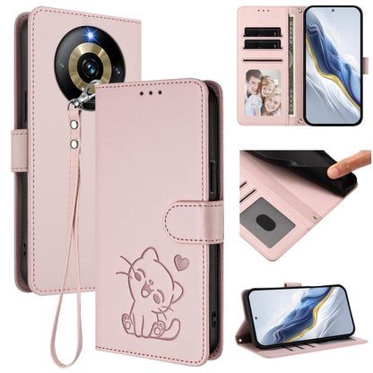 Embossed Heart Cat Leather Phone Case with Hand Strap, For Realme 11 4G Global, For Realme GT5 240W / GT5 5G, For Realme Narzo 60 Pro, For Realme C65 4G Global, For Realme C55 4G Global / Narzo N55, For Realme C33 2023 / 2022, For Realme 10T 5G / 10S 5...