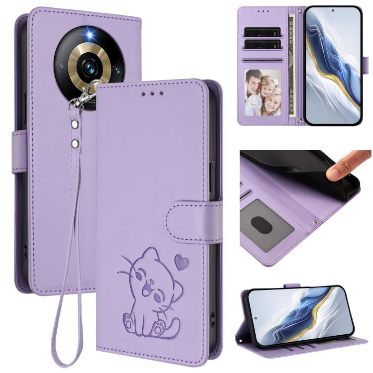 Embossed Heart Cat Leather Phone Case with Hand Strap, For Realme 11 4G Global, For Realme GT5 240W / GT5 5G, For Realme Narzo 60 Pro, For Realme C65 4G Global, For Realme C55 4G Global / Narzo N55, For Realme C33 2023 / 2022, For Realme 10T 5G / 10S 5...