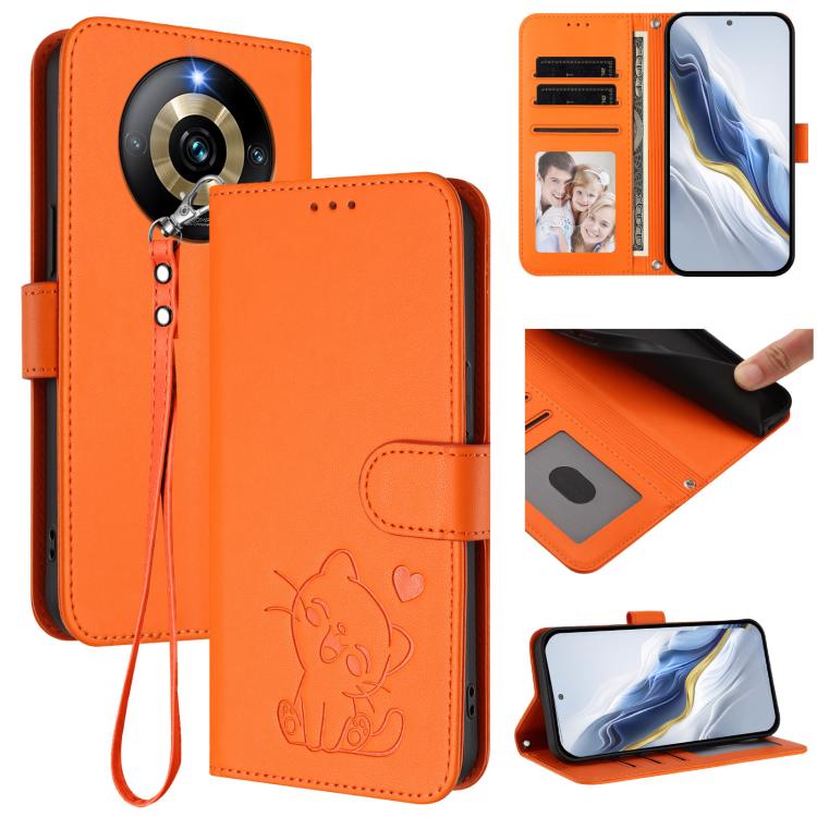 Embossed Heart Cat Leather Phone Case with Hand Strap, For Realme 11 4G Global, For Realme GT5 240W / GT5 5G, For Realme Narzo 60 Pro, For Realme C65 4G Global, For Realme C55 4G Global / Narzo N55, For Realme C33 2023 / 2022, For Realme 10T 5G / 10S 5...