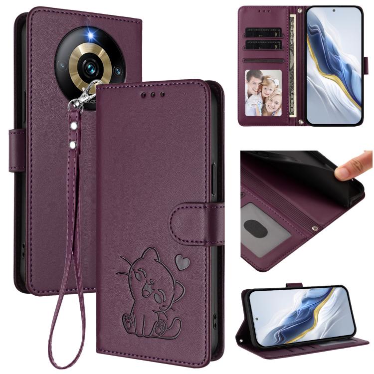 Embossed Heart Cat Leather Phone Case with Hand Strap, For Realme 11 4G Global, For Realme GT5 240W / GT5 5G, For Realme Narzo 60 Pro, For Realme C65 4G Global, For Realme C55 4G Global / Narzo N55, For Realme C33 2023 / 2022, For Realme 10T 5G / 10S 5...