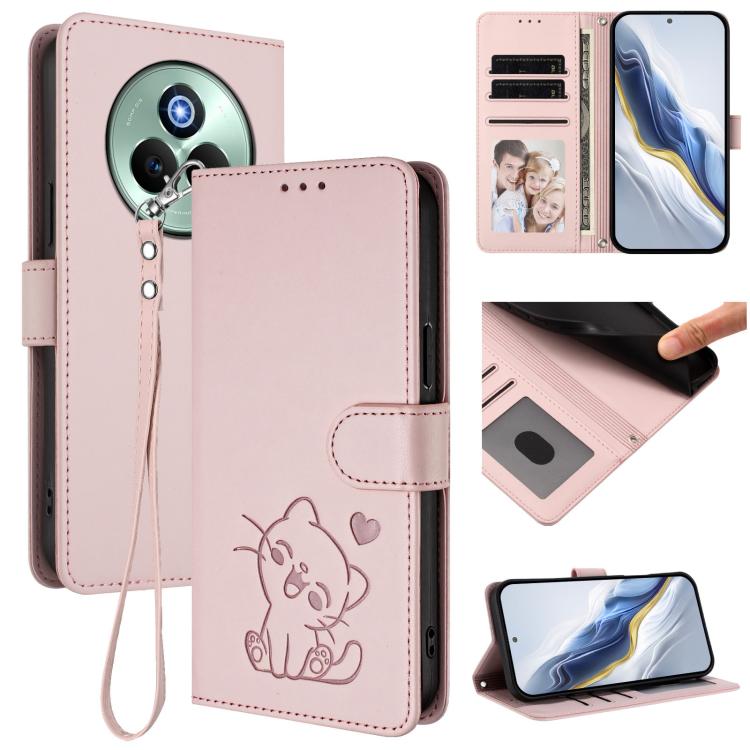 Embossed Heart Cat Leather Phone Case with Hand Strap, For Realme 14 / P3 / 14T 5G Global, For Realme P3 Ultra 5G Global, For Realme P3 Pro 5G Global, For Realme C75 4G Global / 14x 5G India, For Realme 14 Pro+ 5G, For Realme 14 Pro 5G India           ...