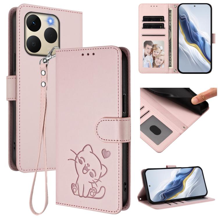 Embossed Heart Cat Leather Phone Case with Hand Strap, For Realme P4 Pro 5G, For Realme P4 5G, For Realme 15T 5G Global, For Realme 15 / 15 Pro 5G Global, For Realme C71 4G Global, For Realme GT 7 5G India, For Realme V70 5G / 14x Global / C75 5G      ...