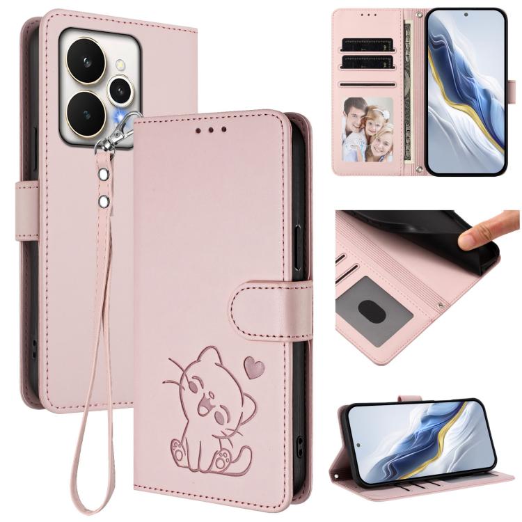 Embossed Heart Cat Leather Phone Case with Hand Strap, For Realme P4 Pro 5G, For Realme P4 5G, For Realme 15T 5G Global, For Realme 15 / 15 Pro 5G Global, For Realme C71 4G Global, For Realme GT 7 5G India, For Realme V70 5G / 14x Global / C75 5G      ...
