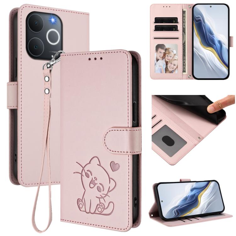 Embossed Heart Cat Leather Phone Case with Hand Strap, For Realme 16T 5G, For Realme C100 5G / C85 4G / 5G / C83 5G, For Realme Note 80 4G Global, For Realme C83 5G India / C85 5G / 15x 5G, For Realme 16 5G, For Realme 16 Pro+ 5G, For Realme 16 Pro 5G ...