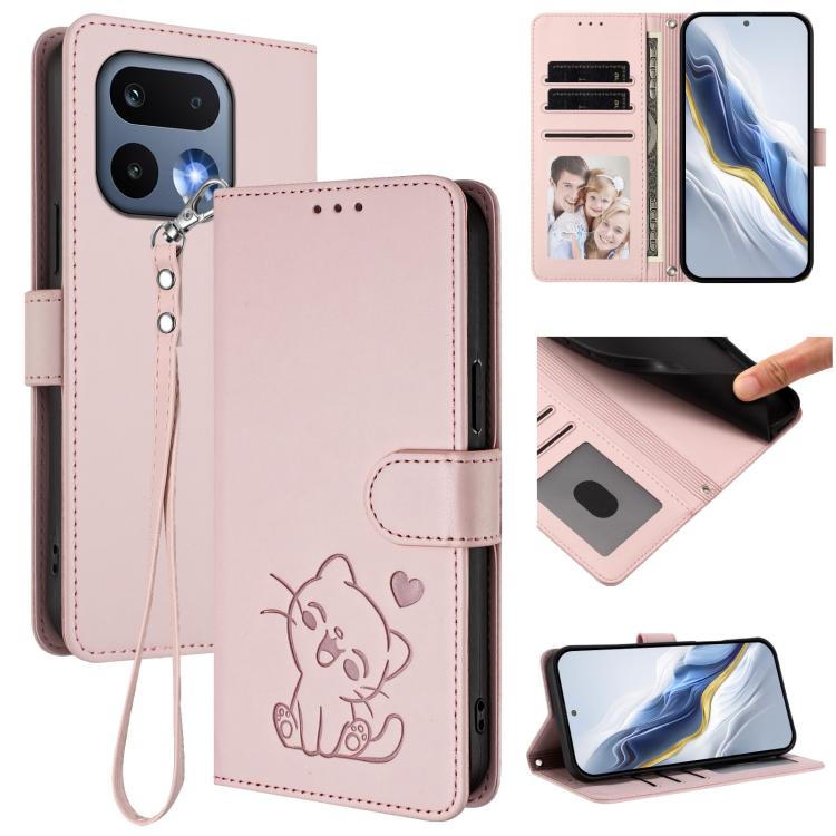 Embossed Heart Cat Leather Phone Case with Hand Strap, For Realme 16T 5G, For Realme C100 5G / C85 4G / 5G / C83 5G, For Realme Note 80 4G Global, For Realme C83 5G India / C85 5G / 15x 5G, For Realme 16 5G, For Realme 16 Pro+ 5G, For Realme 16 Pro 5G ...