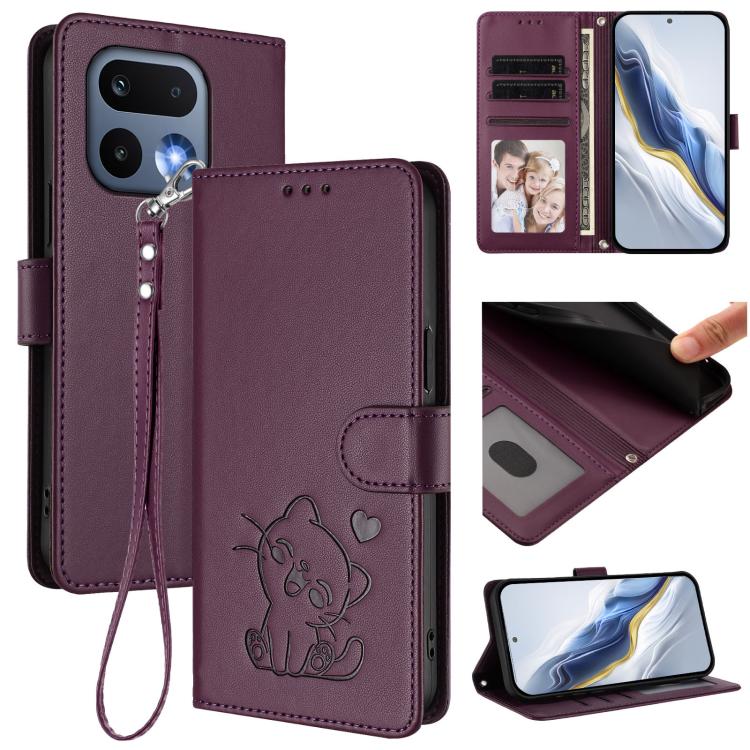Embossed Heart Cat Leather Phone Case with Hand Strap, For Realme 16T 5G, For Realme C100 5G / C85 4G / 5G / C83 5G, For Realme Note 80 4G Global, For Realme C83 5G India / C85 5G / 15x 5G, For Realme 16 5G, For Realme 16 Pro+ 5G, For Realme 16 Pro 5G ...