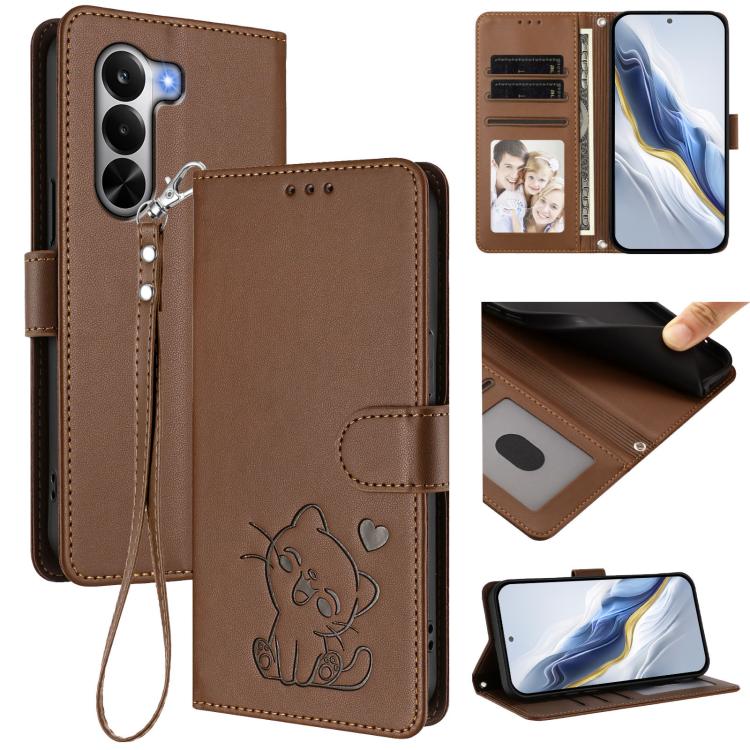Embossed Heart Cat Leather Phone Case with Hand Strap, For Realme 16T 5G, For Realme C100 5G / C85 4G / 5G / C83 5G, For Realme Note 80 4G Global, For Realme C83 5G India / C85 5G / 15x 5G, For Realme 16 5G, For Realme 16 Pro+ 5G, For Realme 16 Pro 5G ...