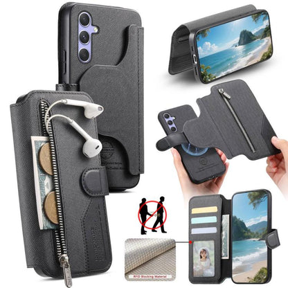 Twill Fabric MagSafe RFID Anti-theft Zipper Wallet Leather Phone Case, For Galaxy A57 5G, For Galaxy A37 5G / A36 5G, For Galaxy A17 4G / 5G, For Galaxy A56 5G, For Galaxy A26 5G, For Galaxy A16 4G / 5G, For Galaxy A06 4G, For Galaxy A15 4G / 5G       ...