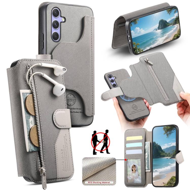 Twill Fabric MagSafe RFID Anti-theft Zipper Wallet Leather Phone Case, For Galaxy A57 5G, For Galaxy A37 5G / A36 5G, For Galaxy A17 4G / 5G, For Galaxy A56 5G, For Galaxy A26 5G, For Galaxy A16 4G / 5G, For Galaxy A06 4G, For Galaxy A15 4G / 5G       ...
