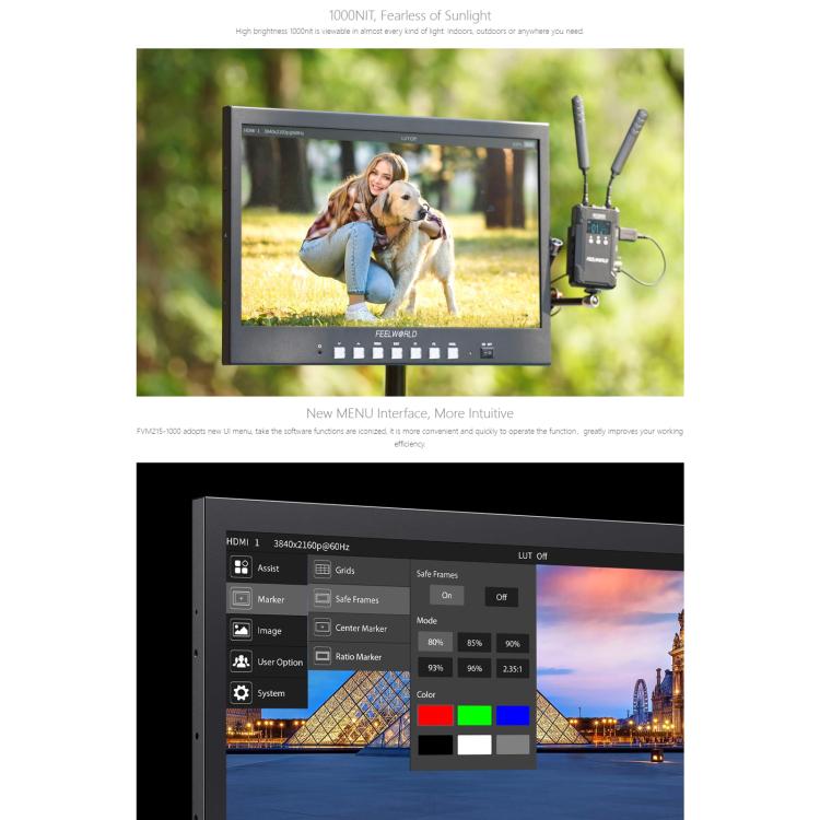 FEELWORLD FVM215-1000 21.5-inch Professional Production Broadcast Monitor High Brightness 1000nit Full HD IPS 4K 60Hz HDMI-compatible 3G-SDI Screen, UK Plug, US Plug, AU Plug, EU Plug