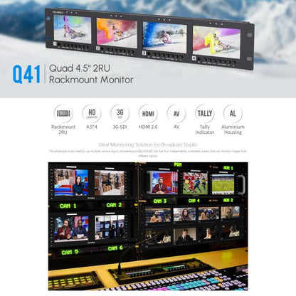 FEELWORLD Q41 Quad 4.5 inch 2RU Rackmount Monitor 3G-SDI 4K HDMI-compatible AV Input and Output, US Plug, EU Plug, UK Plug, AU Plug