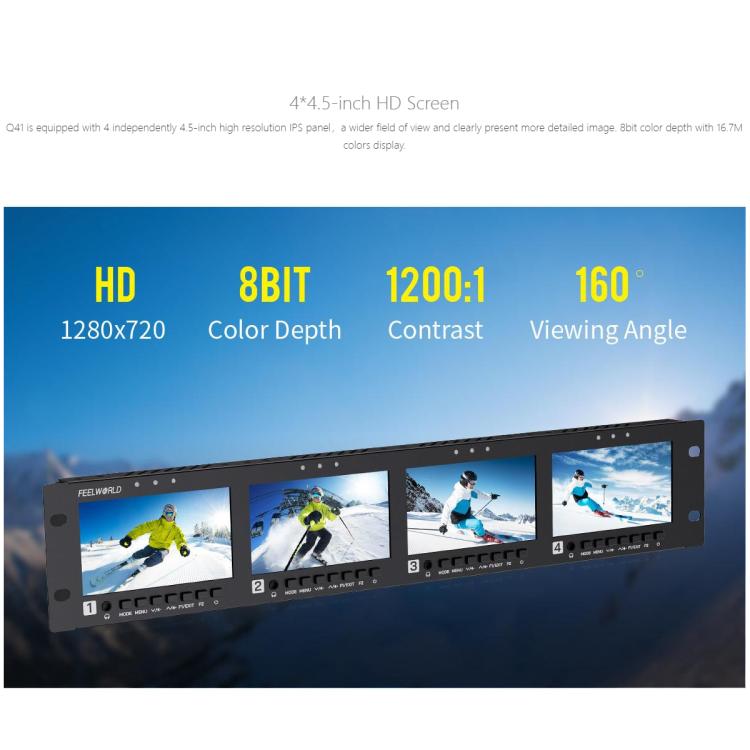 FEELWORLD Q41 Quad 4.5 inch 2RU Rackmount Monitor 3G-SDI 4K HDMI-compatible AV Input and Output, US Plug, EU Plug, UK Plug, AU Plug