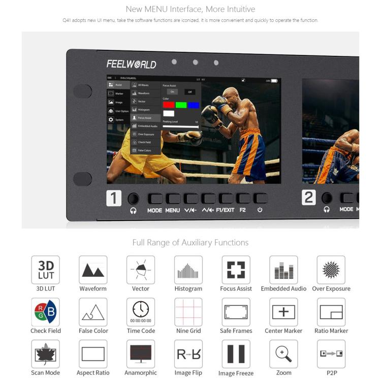 FEELWORLD Q41 Quad 4.5 inch 2RU Rackmount Monitor 3G-SDI 4K HDMI-compatible AV Input and Output, US Plug, EU Plug, UK Plug, AU Plug