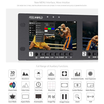 FEELWORLD Q41 Quad 4.5 inch 2RU Rackmount Monitor 3G-SDI 4K HDMI-compatible AV Input and Output, US Plug, EU Plug, UK Plug, AU Plug