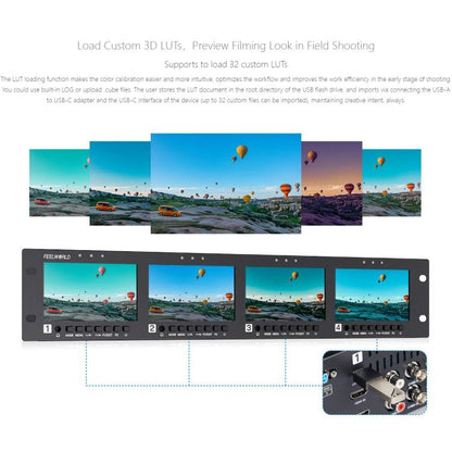 FEELWORLD Q41 Quad 4.5 inch 2RU Rackmount Monitor 3G-SDI 4K HDMI-compatible AV Input and Output, US Plug, EU Plug, UK Plug, AU Plug